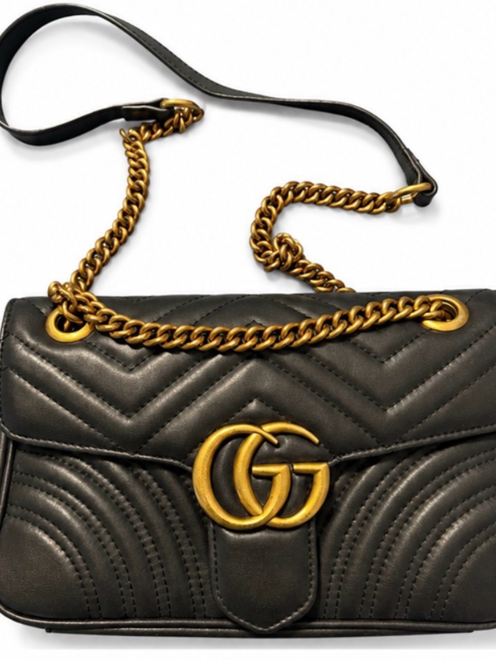 Black Quilted GG REAL LEATHER Crossbody Bag with Gold Chain